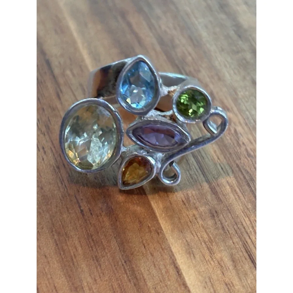 Natural Amethyst Gemstone Citrine Blue Topaz Wrap Ring Sterling Silver Size 9